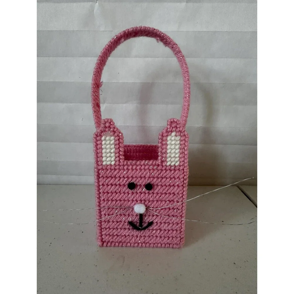 Mini Easter Basket with Pale Pink Sparkly Bunny Colorful Plastic Canvas Handmade